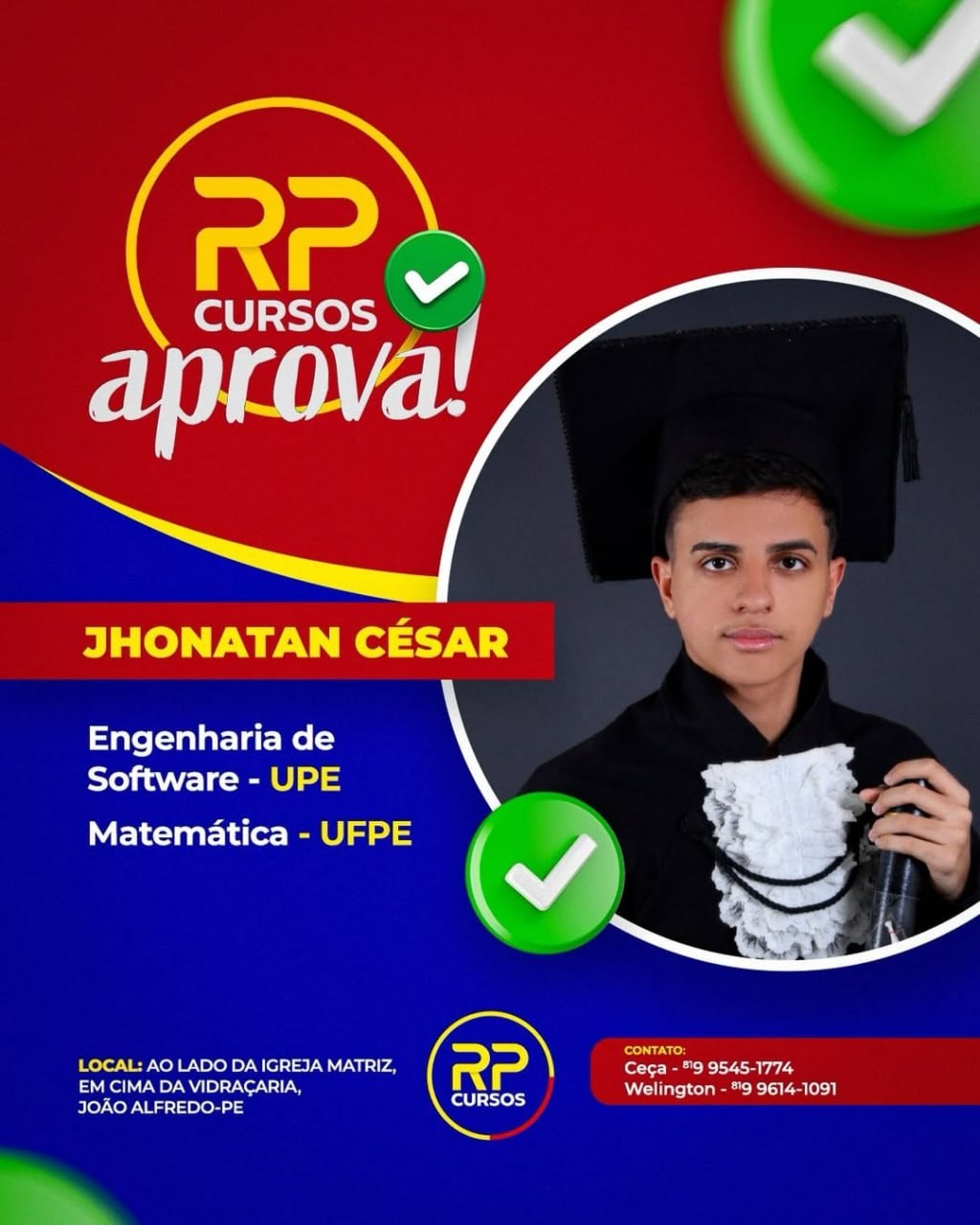 Jhonatan César aprovado em Engenharia de Software e Matemática